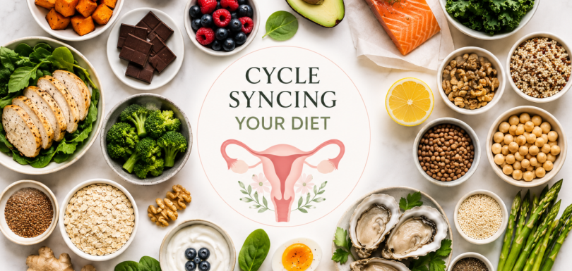 Cycle syncing your diet graphic surrounded by salmon, vegetables, berries, grains, nuts, seeds, and other nutrient-rich foods